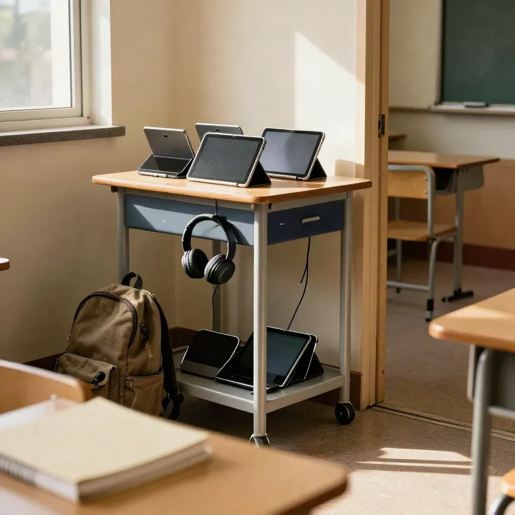 Lege klas met oplaadkar, tablets, koptelefoon, rugzak en notitieboeken in warm avondlicht.